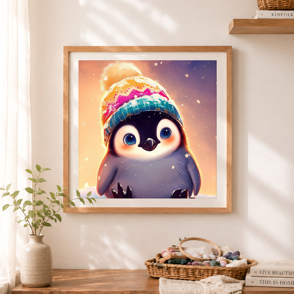 Finished adorable penguin in knitted beanie cross stitch artwork displayed as home decor