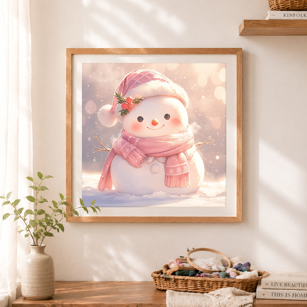 Finished adorable pink scarf snowman cross stitch artwork displayed as home decor