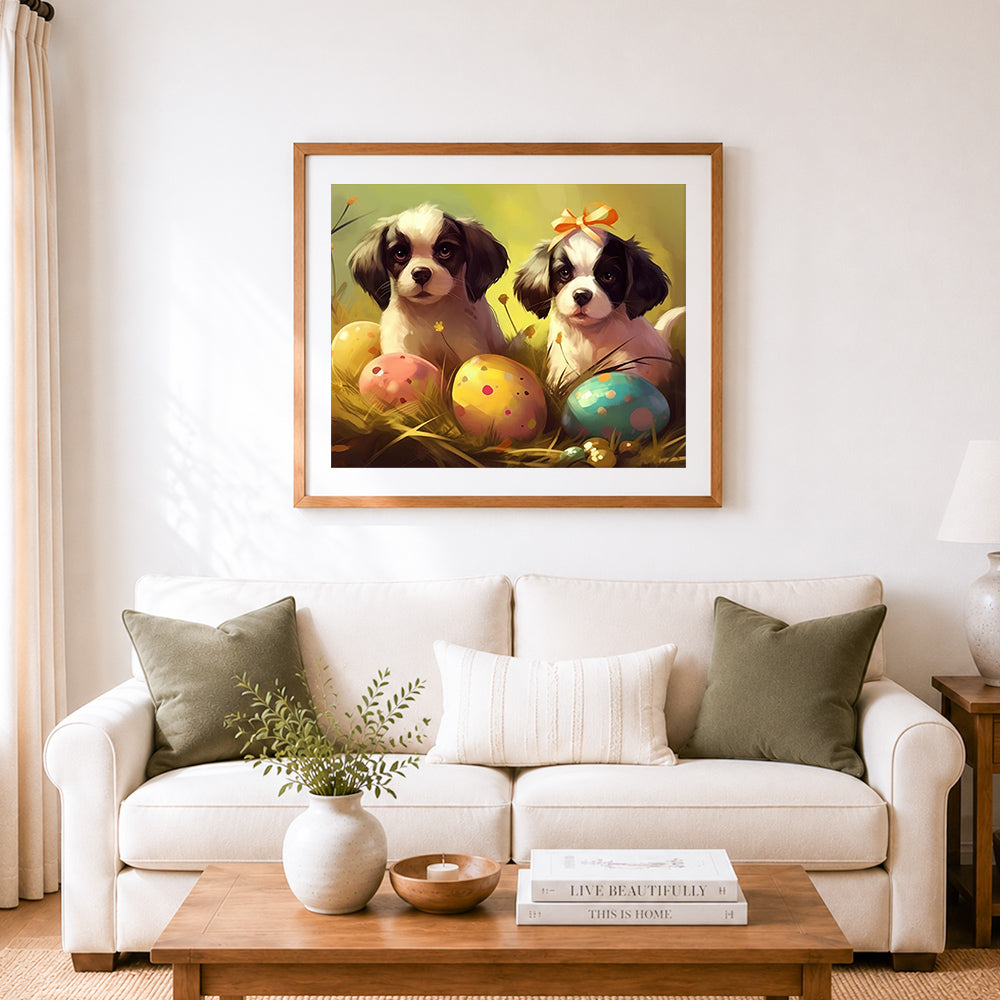 Finished adorable puppy pair in spring grass cross stitch artwork displayed as home decor