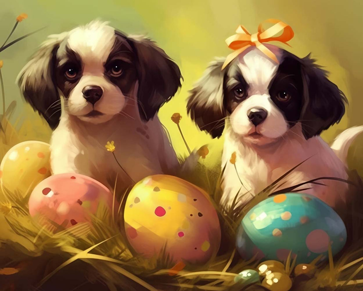 Adorable puppy pair in spring grass cross stitch kit for beginners