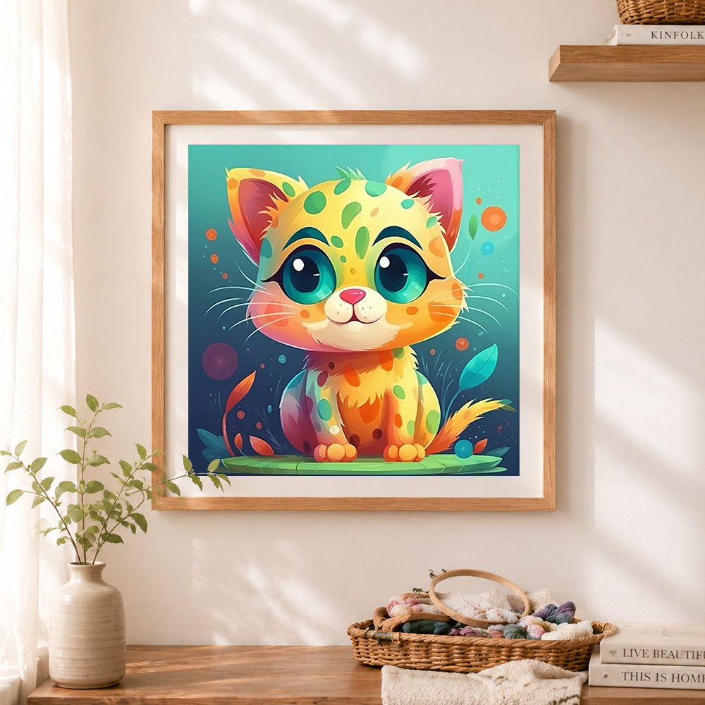 Finished adorable spotty kawaii cat cross stitch artwork displayed as home decor