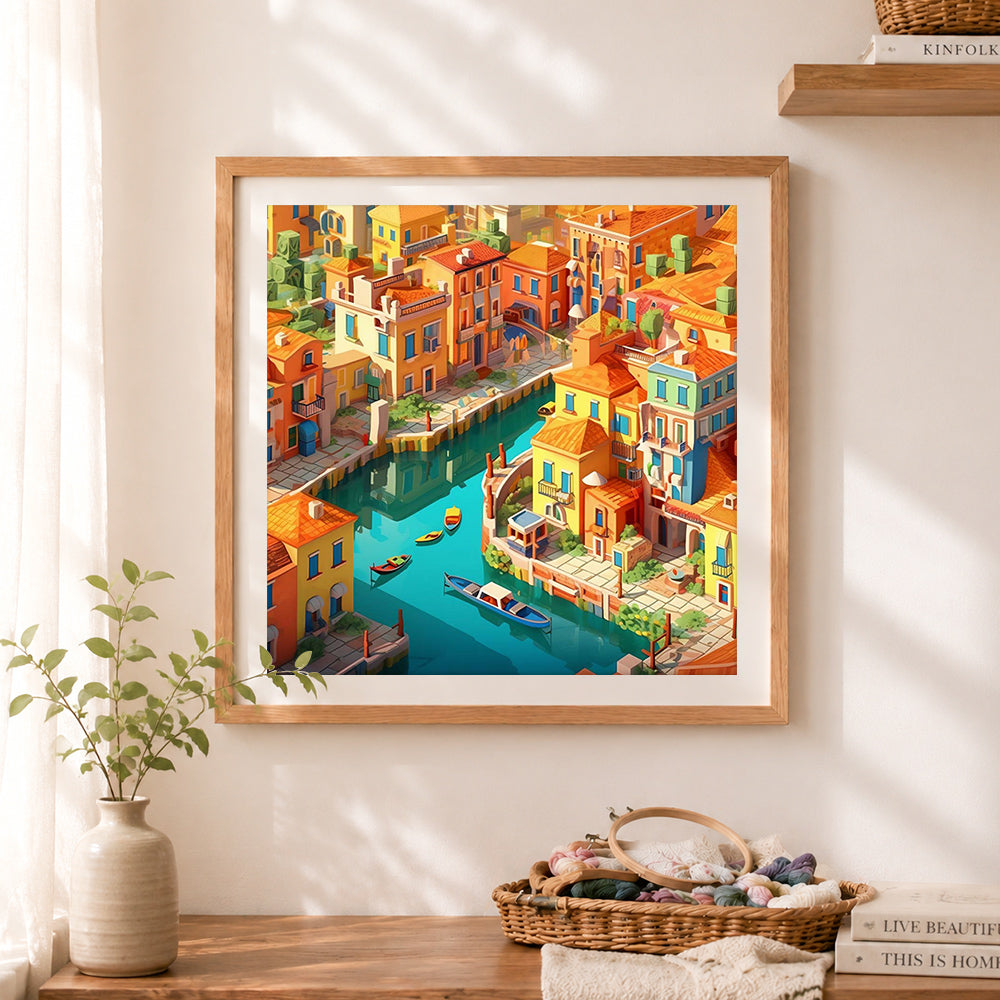 Finished aerial venice city waterway cross stitch artwork displayed as home decor