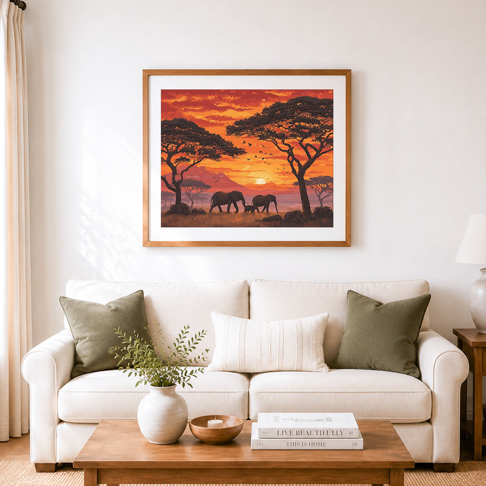 Finished african savannah sunset cross stitch artwork displayed as home decor