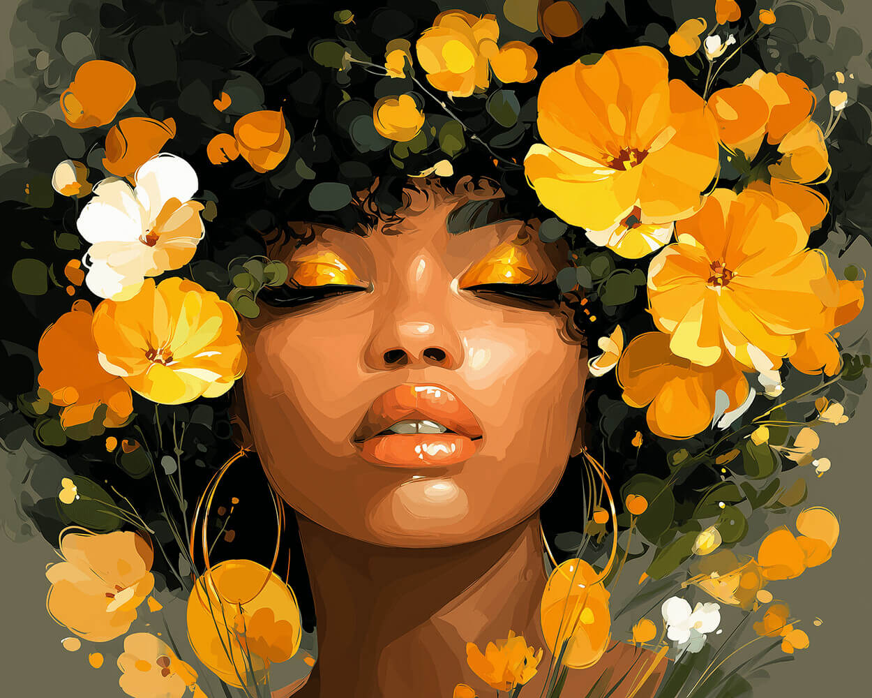 African woman and golden flowers cross stitch kit for beginners