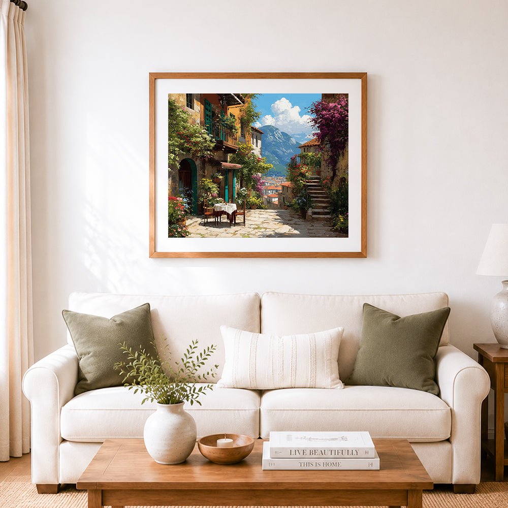 Finished alfresco dining table on sunny european terrace cross stitch artwork displayed as home decor