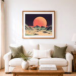Finished alien planet mountain scene cross stitch artwork displayed as home decor