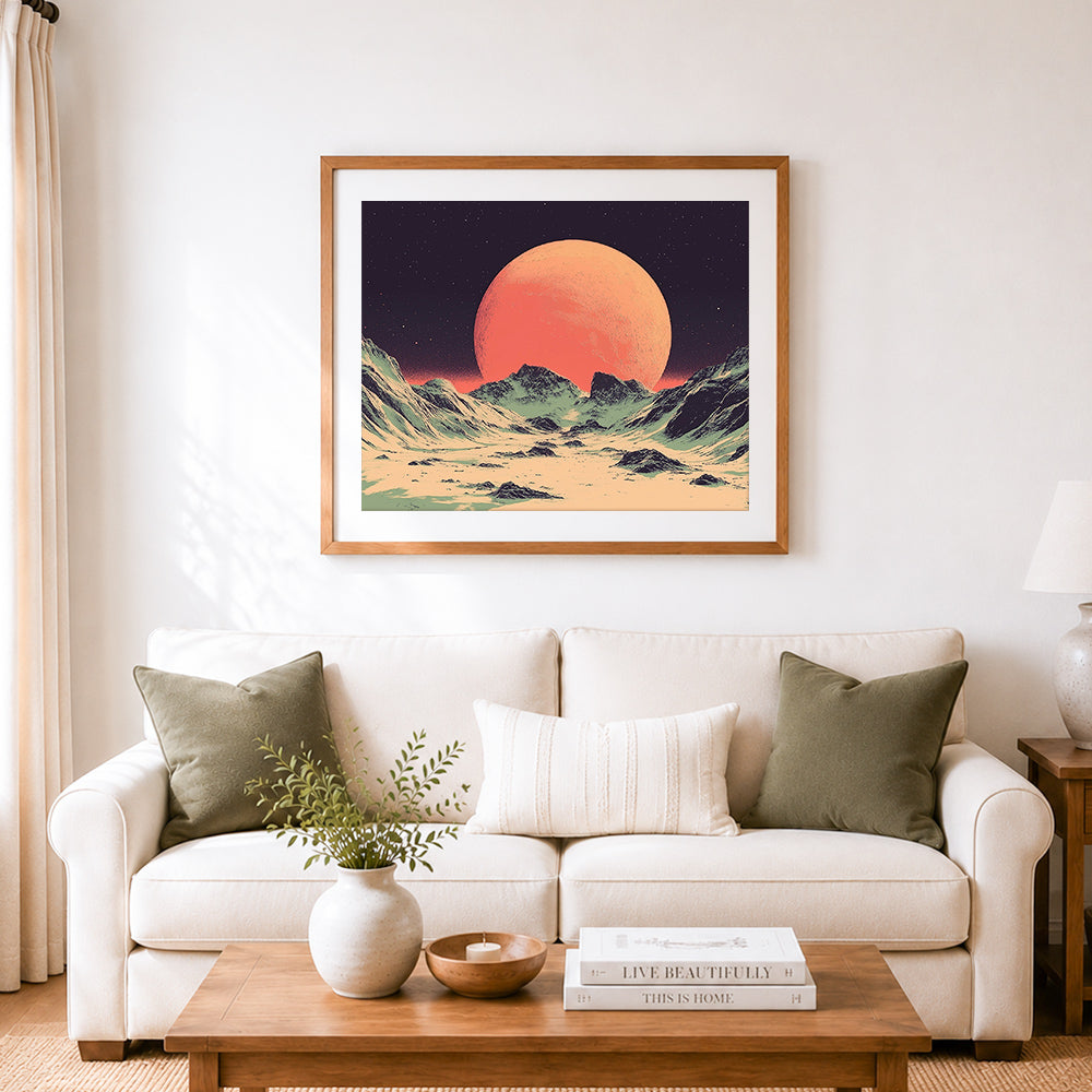 Finished alien planet mountain scene cross stitch artwork displayed as home decor