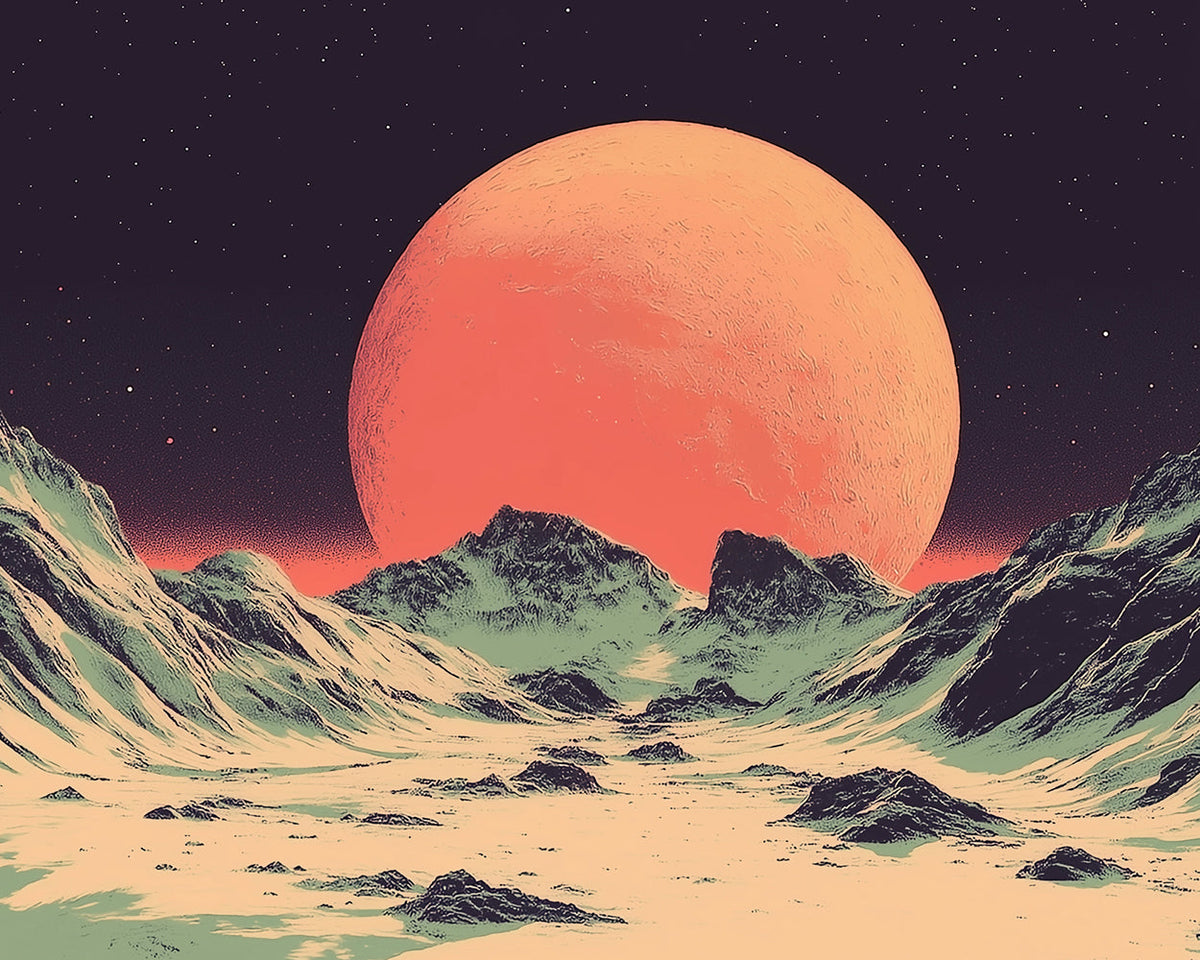 Alien planet mountain scene cross stitch kit for beginners