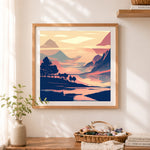 Finished alpine lake scenery cross stitch artwork displayed as home decor