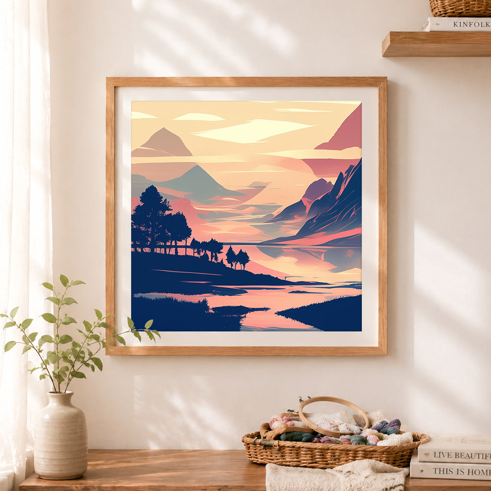 Finished alpine lake scenery cross stitch artwork displayed as home decor