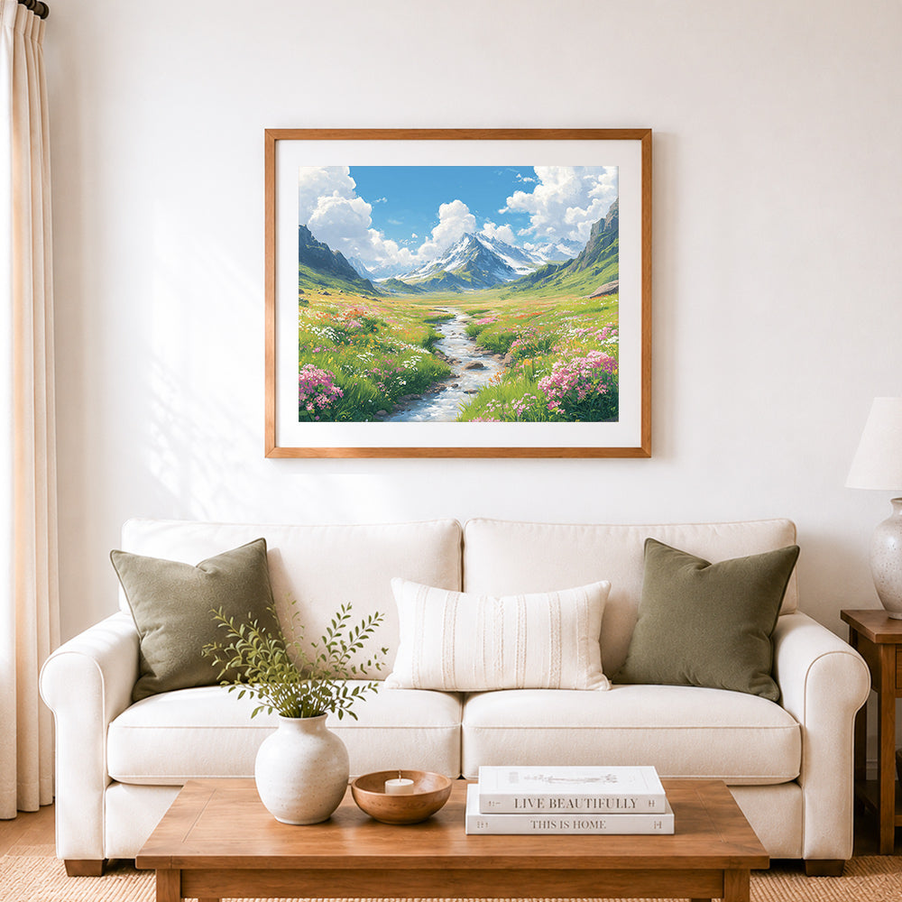 Finished alpine meadow with mountain stream cross stitch artwork displayed as home decor