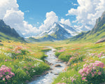 Alpine meadow with mountain stream cross stitch kit for beginners