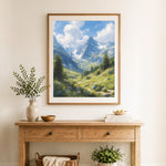 Finished alpine meadow with wildflowers and snowy peaks cross stitch artwork displayed as home decor