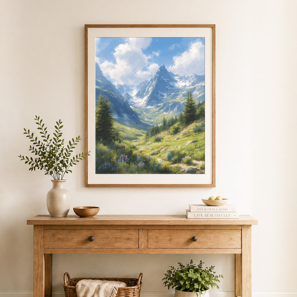 Finished alpine meadow with wildflowers and snowy peaks cross stitch artwork displayed as home decor