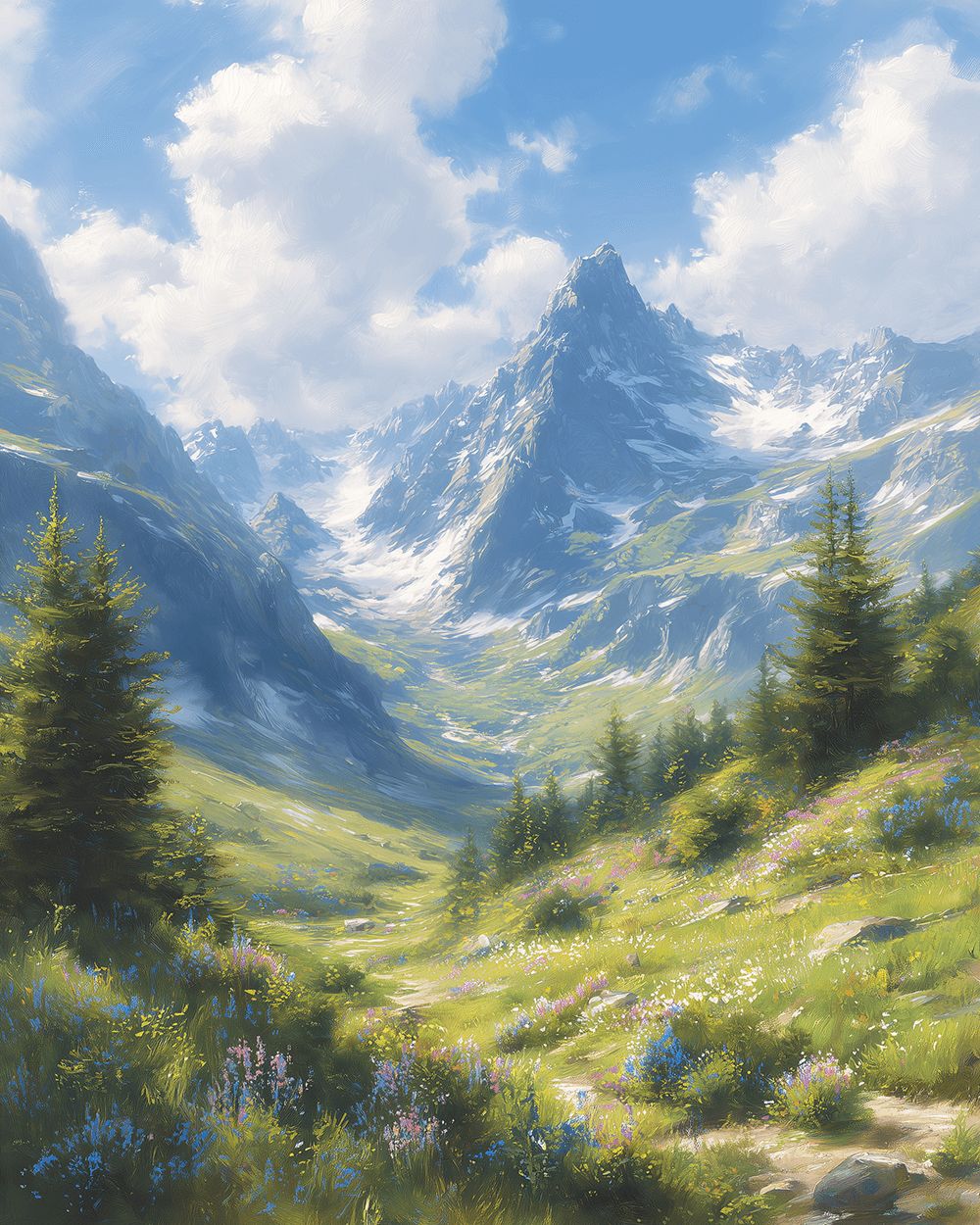 Alpine meadow with wildflowers and snowy peaks cross stitch kit for beginners