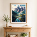 Finished alpine mountain valley cross stitch artwork displayed as home decor