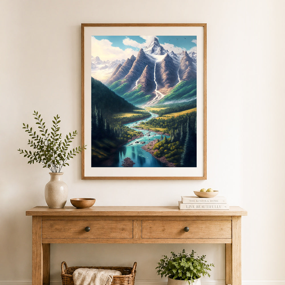 Finished alpine mountain valley cross stitch artwork displayed as home decor