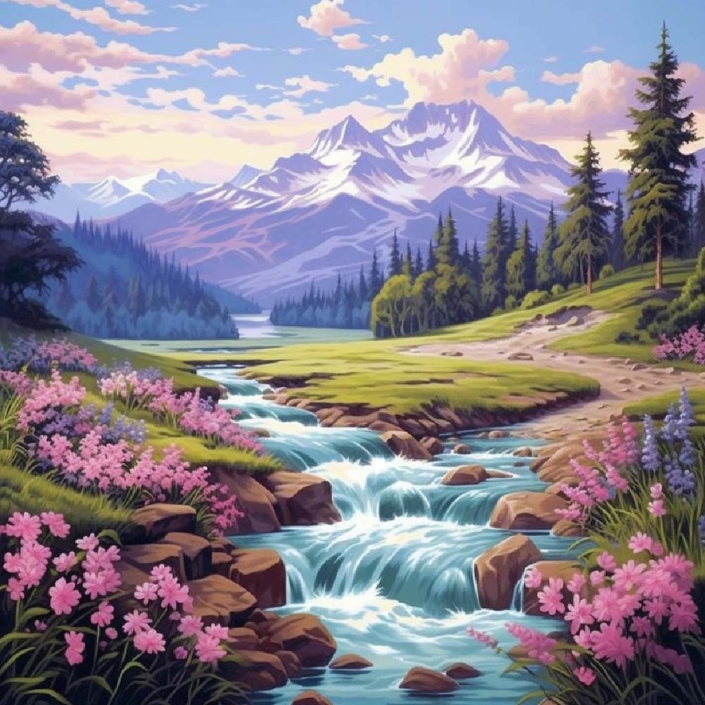 Alpine river with pink wildflowers cross stitch kit for beginners