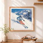 Finished alpine ski adventure cross stitch artwork displayed as home decor