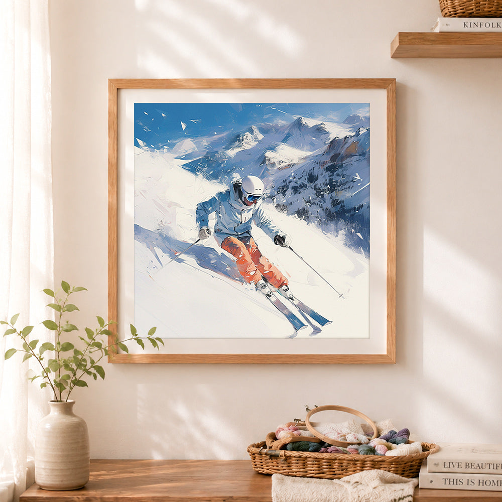 Finished alpine ski adventure cross stitch artwork displayed as home decor