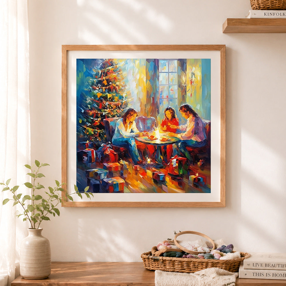 Finished amily christmas gathering cross stitch artwork displayed as home decor 