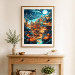 Finished ancient oriental moon town cross stitch artwork displayed as home decor