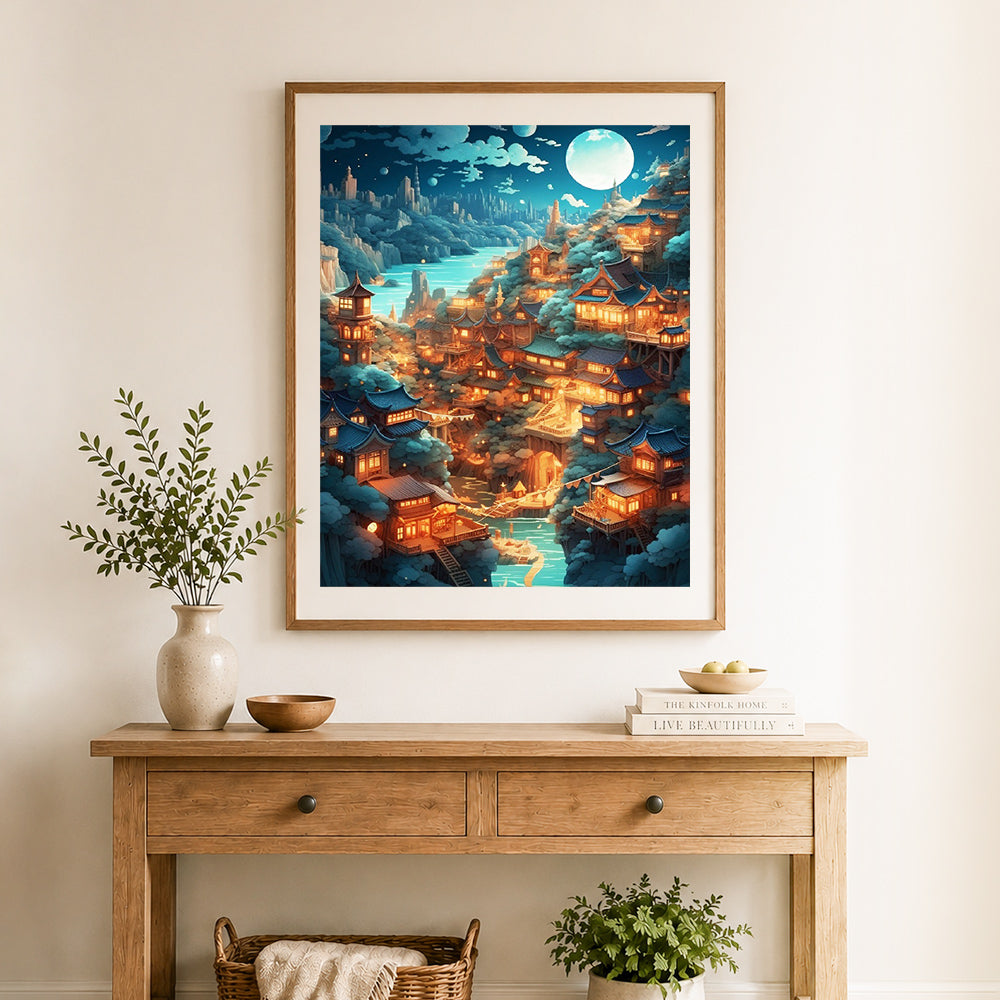 Finished ancient oriental moon town cross stitch artwork displayed as home decor