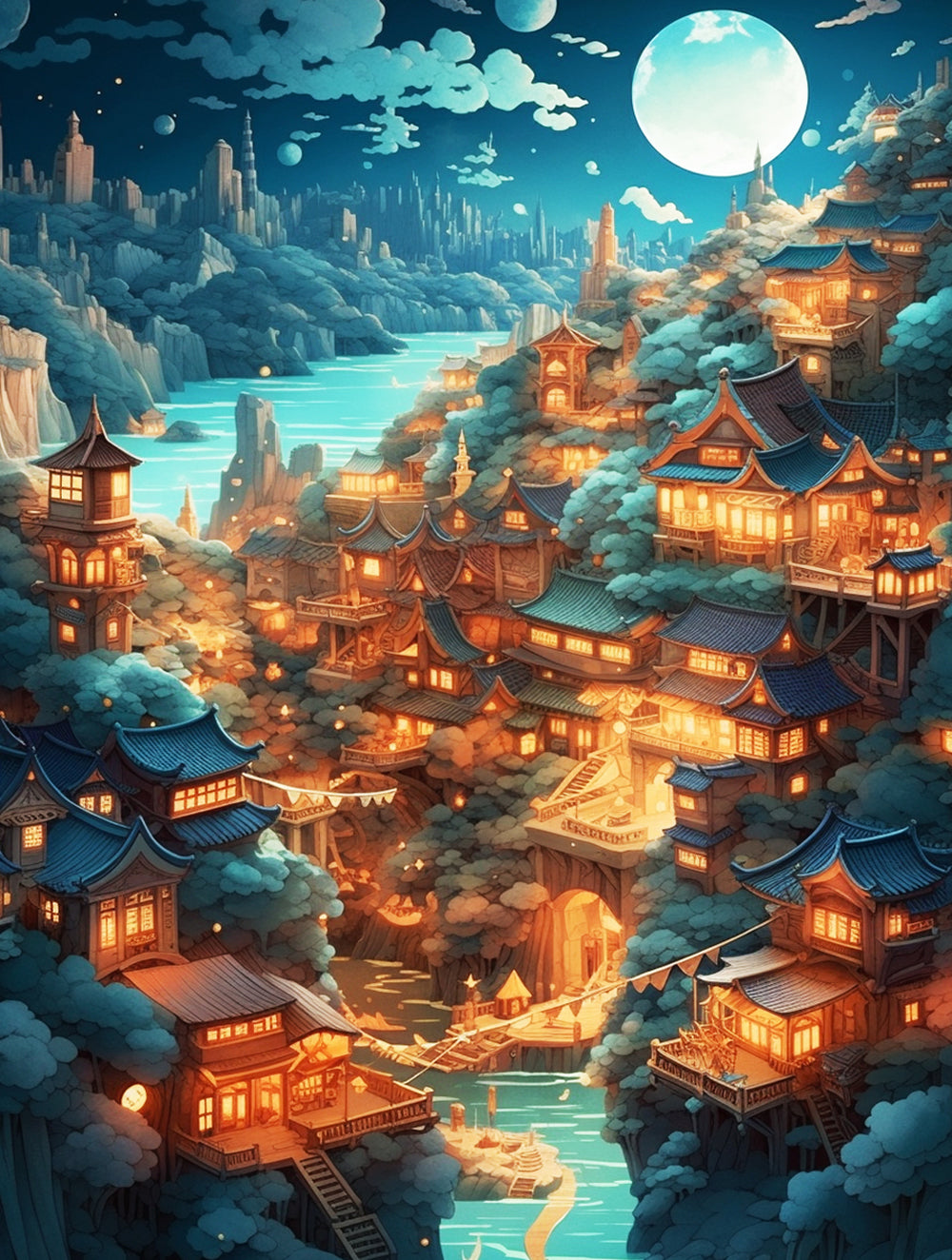 Ancient oriental moon town cross stitch kit for beginners