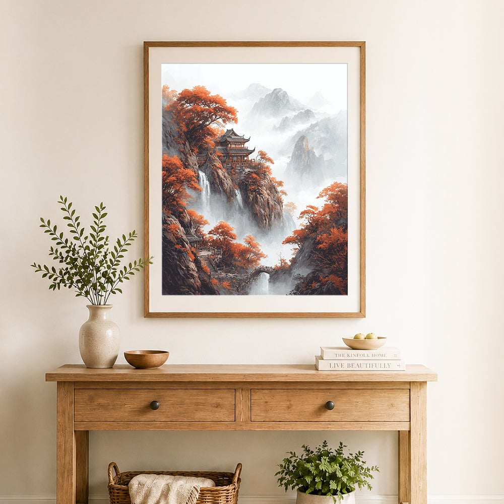 Finished ancient pavilion on cliff with waterfall and white fog cross stitch artwork displayed as home decor