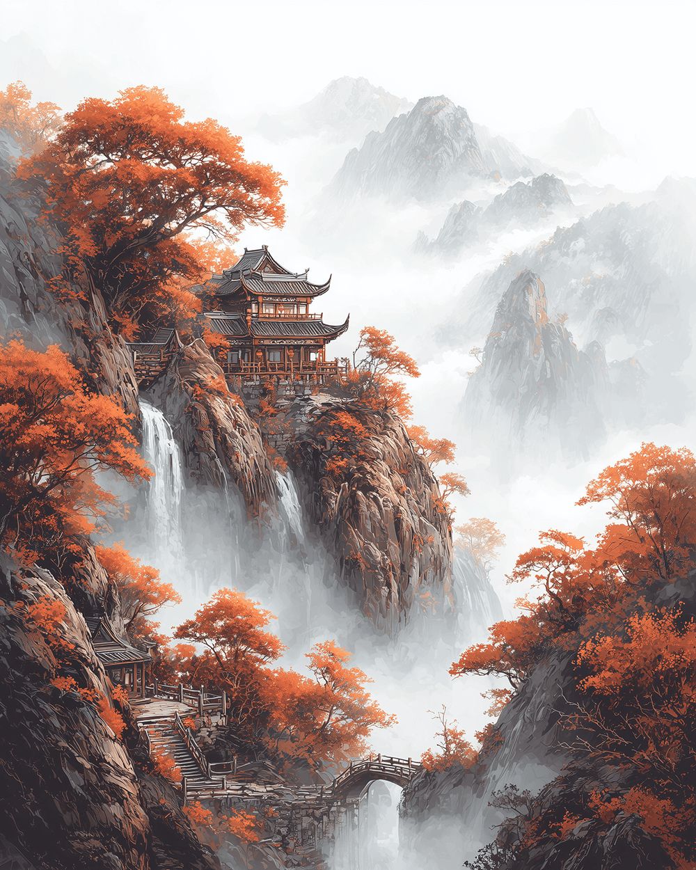 Ancient pavilion on cliff with waterfall and white fog cross stitch kit for beginners