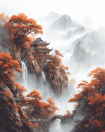 Ancient pavilion on cliff with waterfall and white fog cross stitch kit for beginners