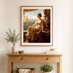 Finished ancient seaside lady cross stitch artwork displayed as home decor