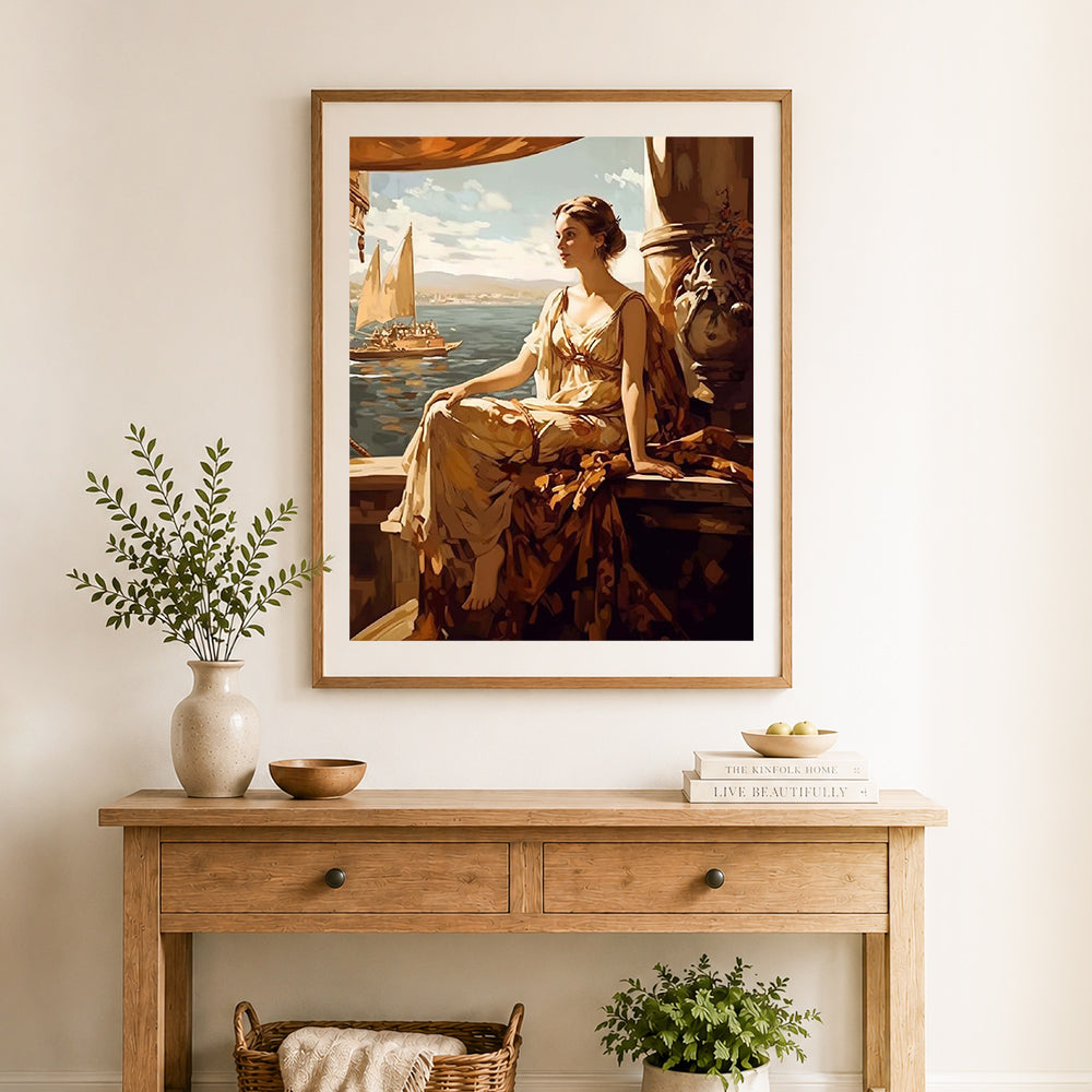Finished ancient seaside lady cross stitch artwork displayed as home decor