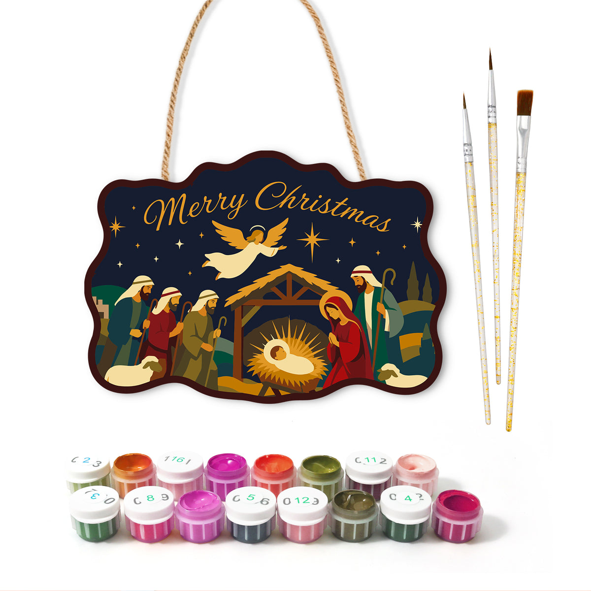 Angel and shepherds nativity paint by numbers door hanger with paints and brushes