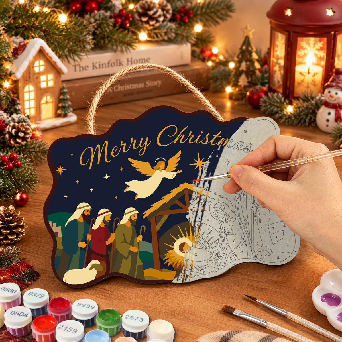 Angel and shepherds nativity paint by numbers door hanger painting process