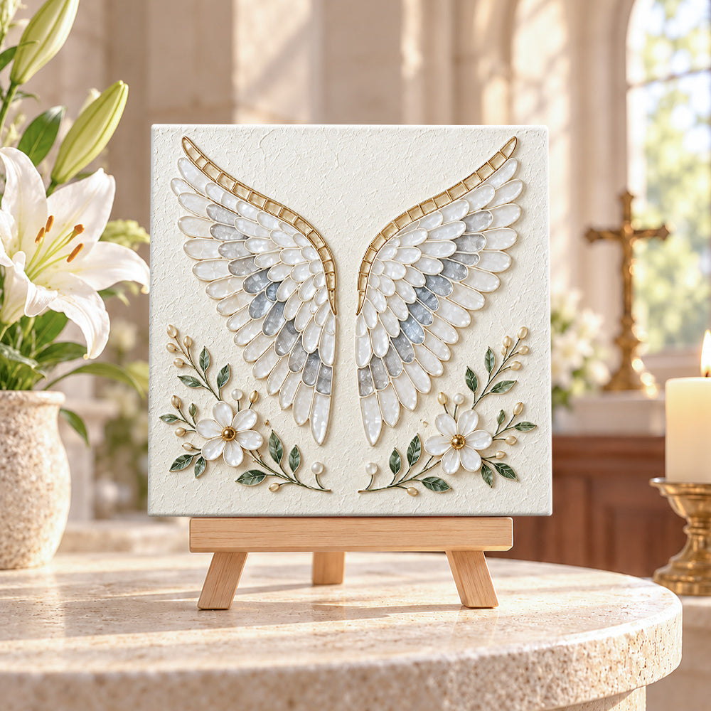 Angel wings sea glass art kit displayed as seasonal home decor