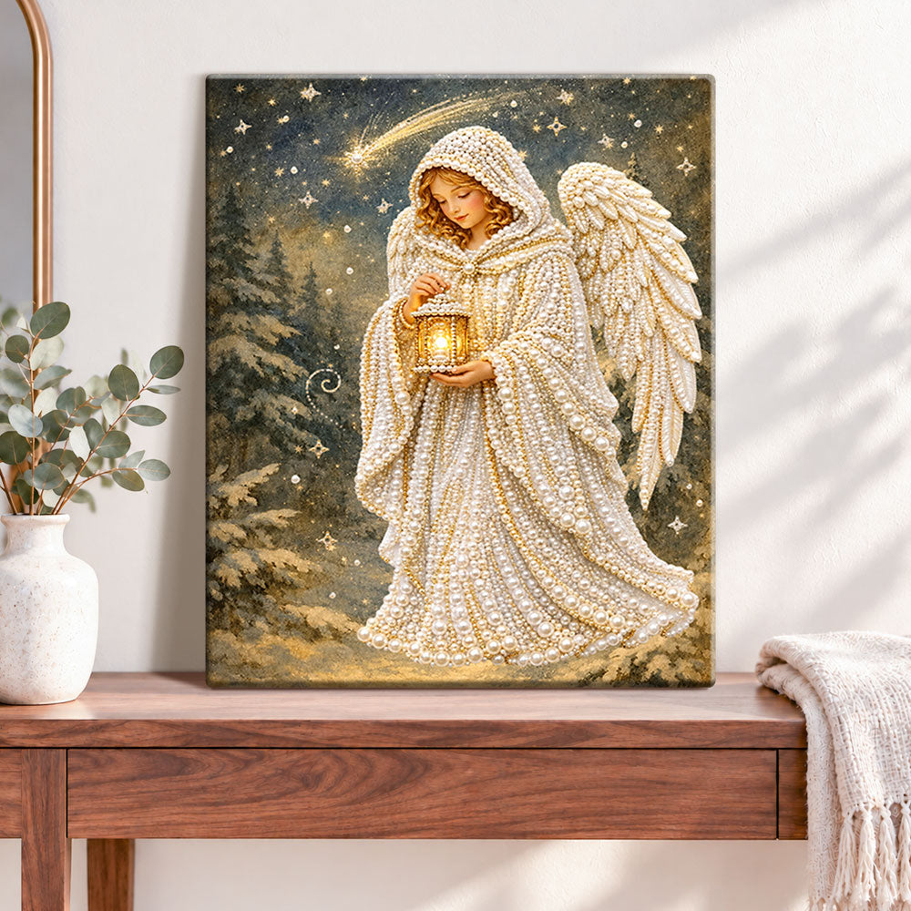Finished angel with glowing lantern pearl diamond painting artwork displayed as home decor
