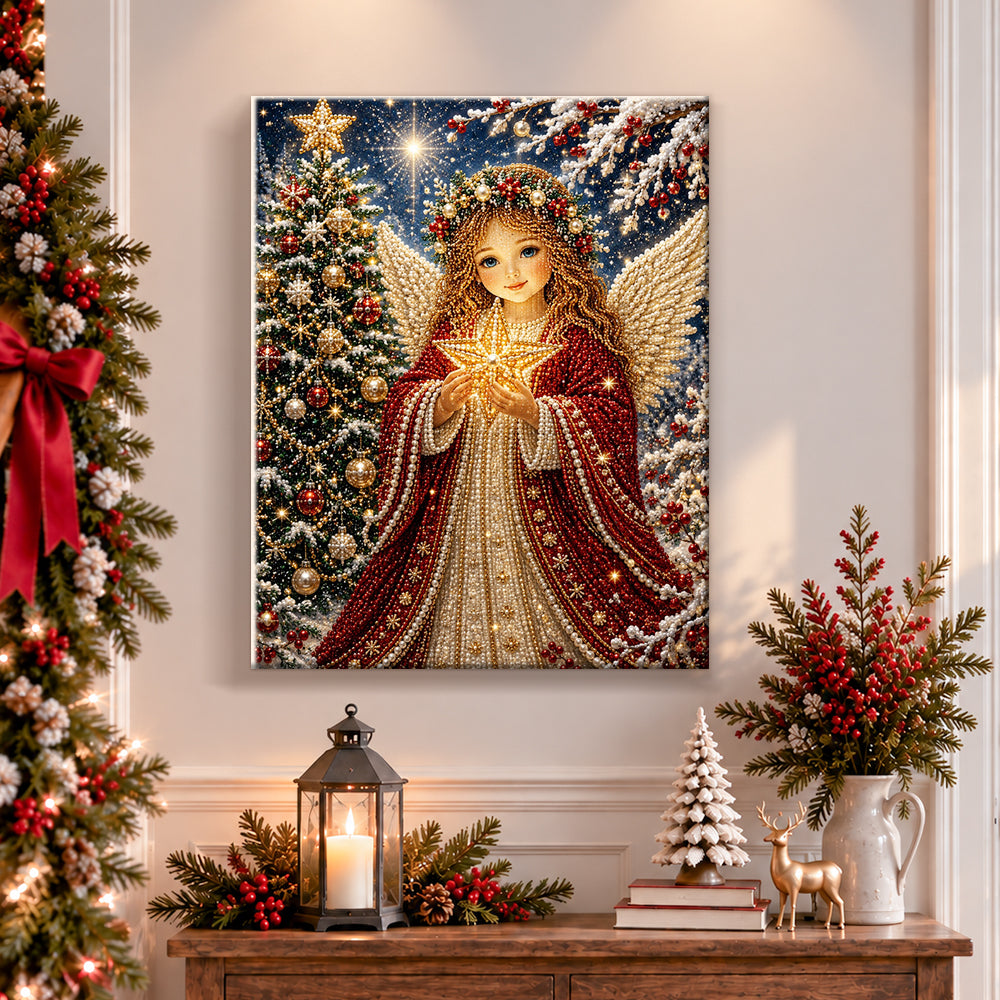 Finished angel with glowing star pearl diamond painting artwork displayed as holiday home decor