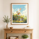 Finished anime bunny with fresh carrots cross stitch artwork displayed as home decor