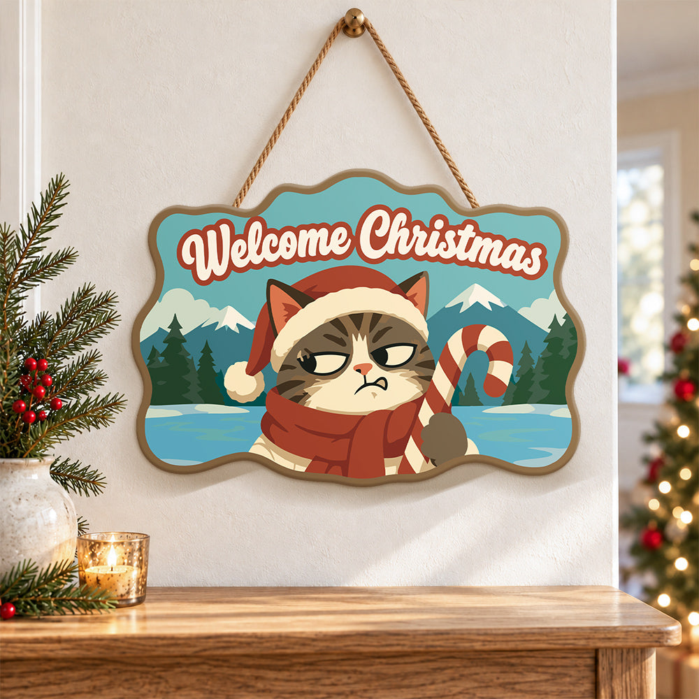 Annoyed cat with candy cane paint by numbers door hanger as indoor wall decor