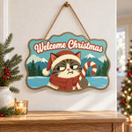 Annoyed cat with candy cane paint by numbers door hanger as indoor wall decor