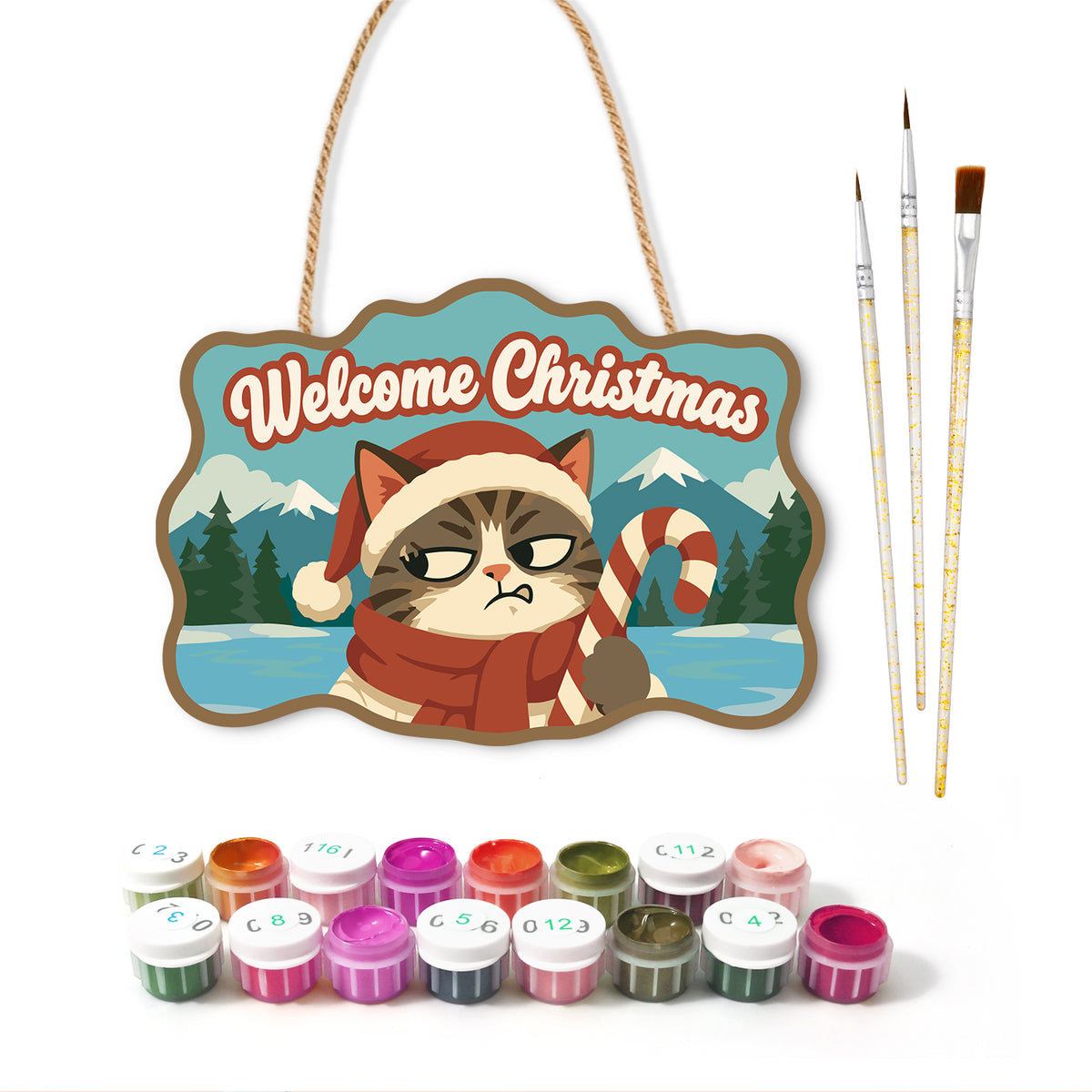 Annoyed cat with candy cane paint by numbers door hanger with paints and brushes