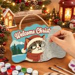 Annoyed cat with candy cane paint by numbers door hanger painting process