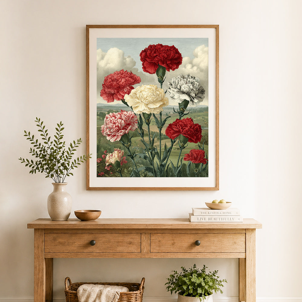 Finished antique carnation art cross stitch artwork displayed as home decor
