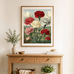 Finished antique carnation art cross stitch artwork displayed as home decor