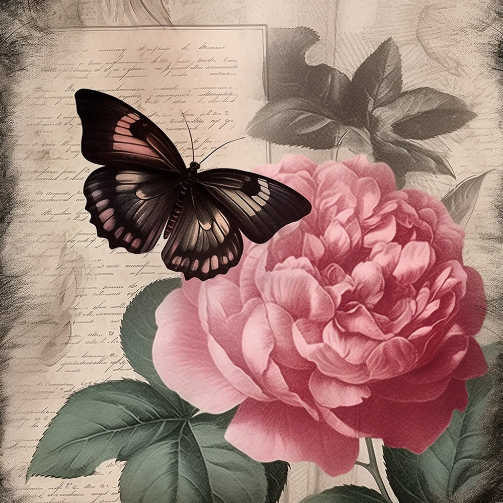Antique rose & dark butterfly art cross stitch kit for beginners