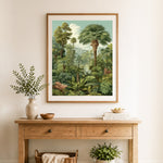 Finished antique tropical rainforest cross stitch artwork displayed as home decor
