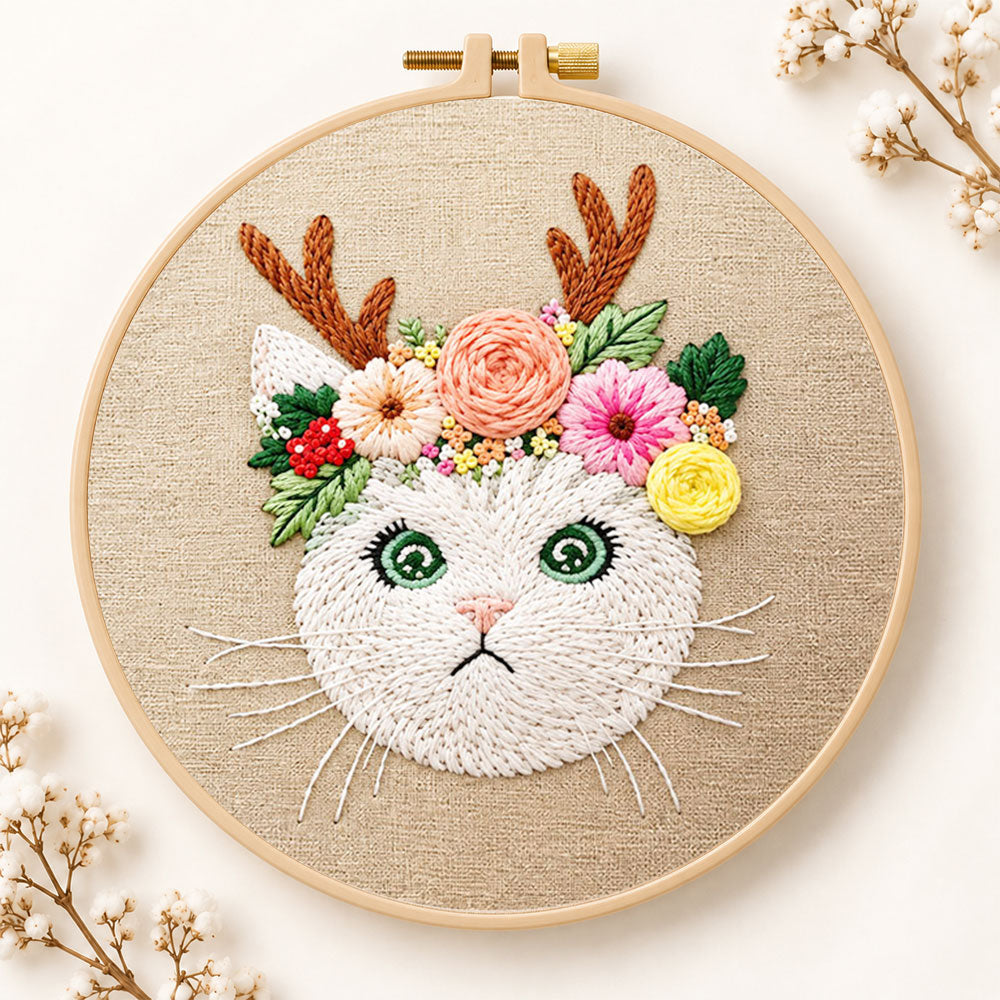 Antler flower kitten embroidery kit