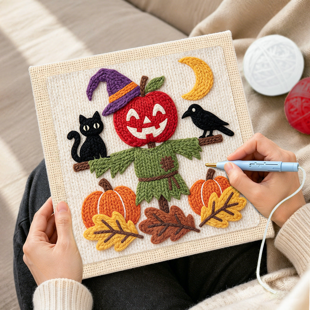Creating handmade apple scarecrow scene punch needle artwork