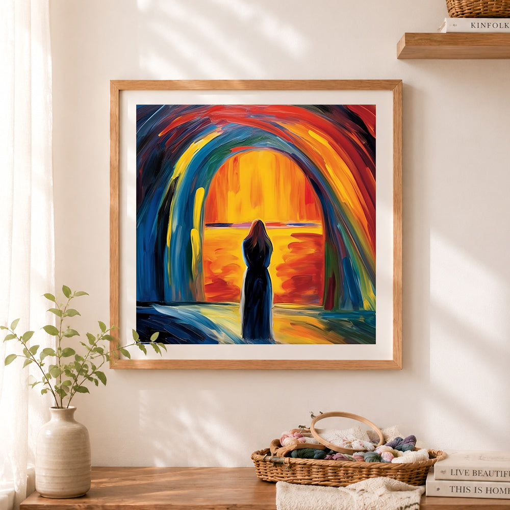 Finished archway to golden horizon cross stitch artwork displayed as home decor